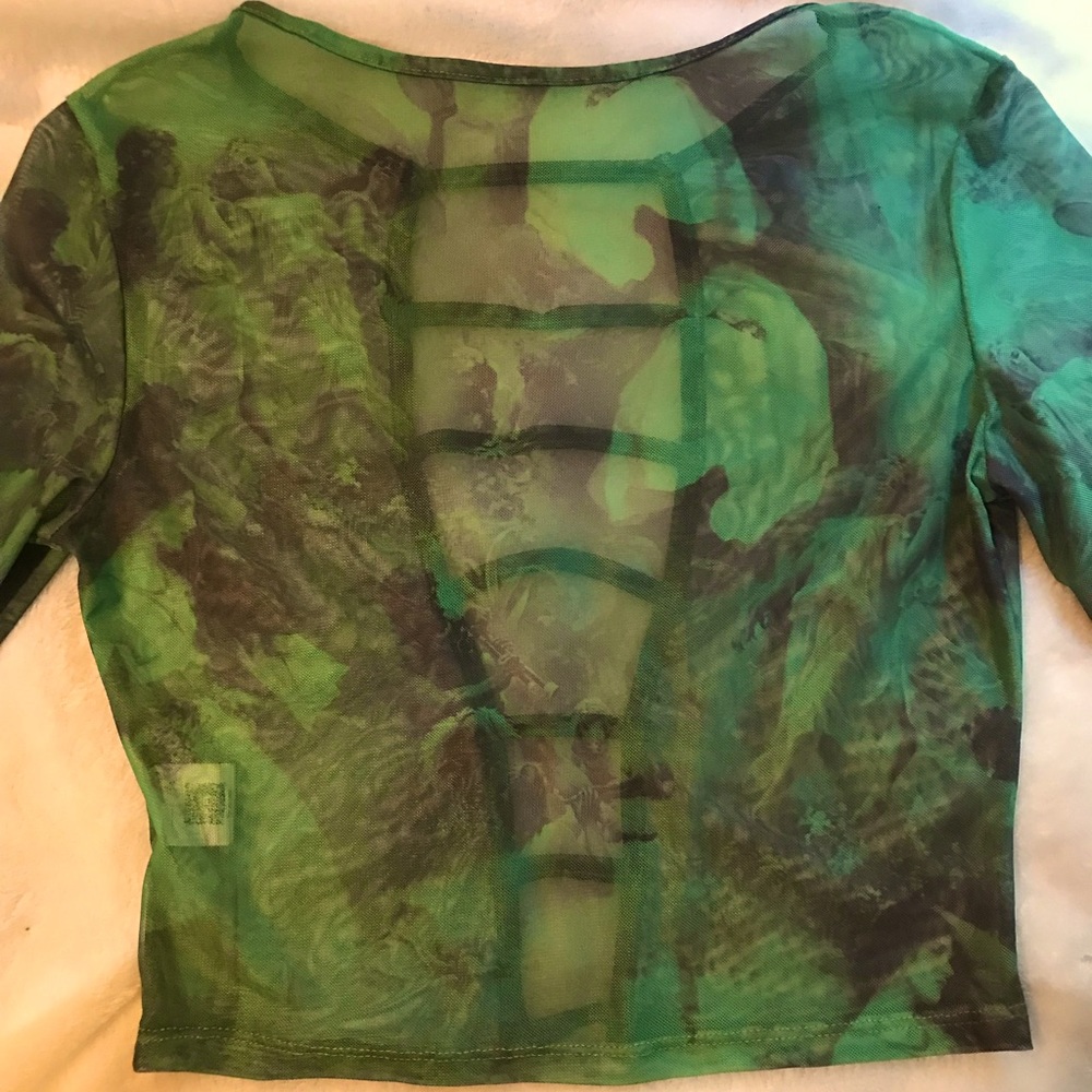 Letter and figure graphic flounce sleeve SHIEN mesh crop shirt.